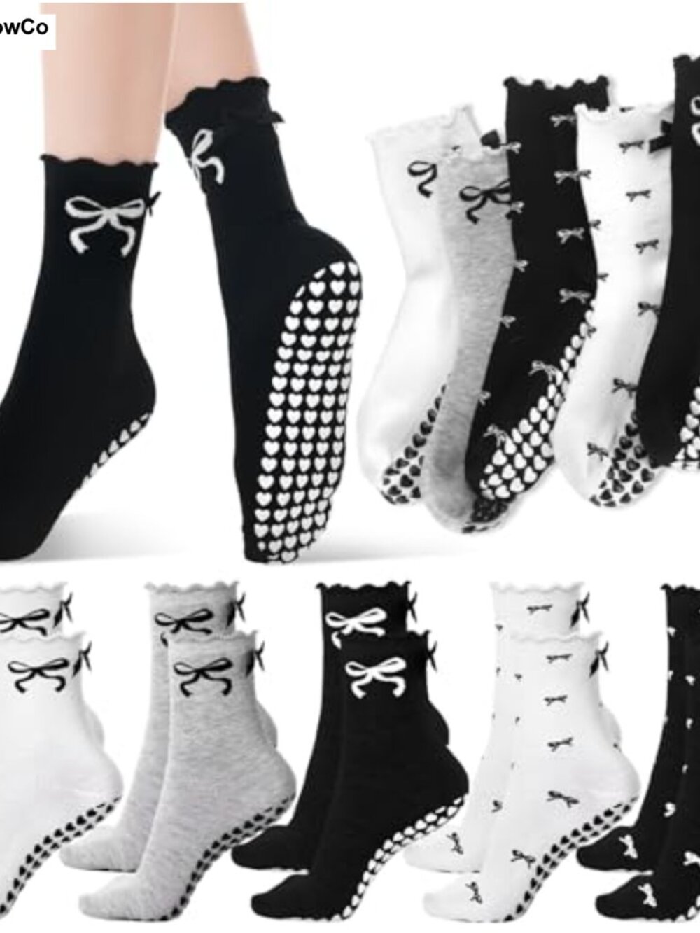 10 Pair Pilates Grip Socks with Bows Non-Slip Women's Socks Cotton